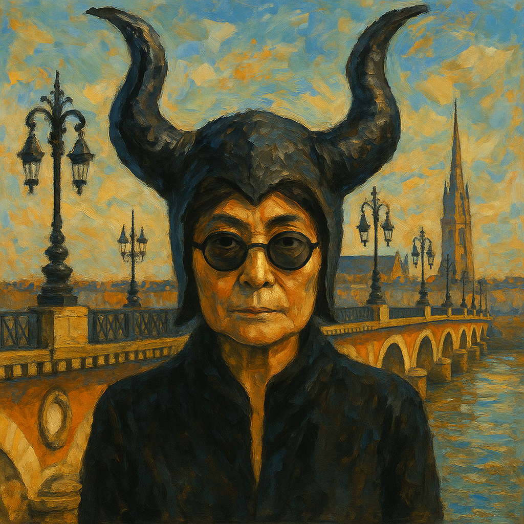 Yoko ono’s face wearing a Horned headdress over the bridge in bordeaux