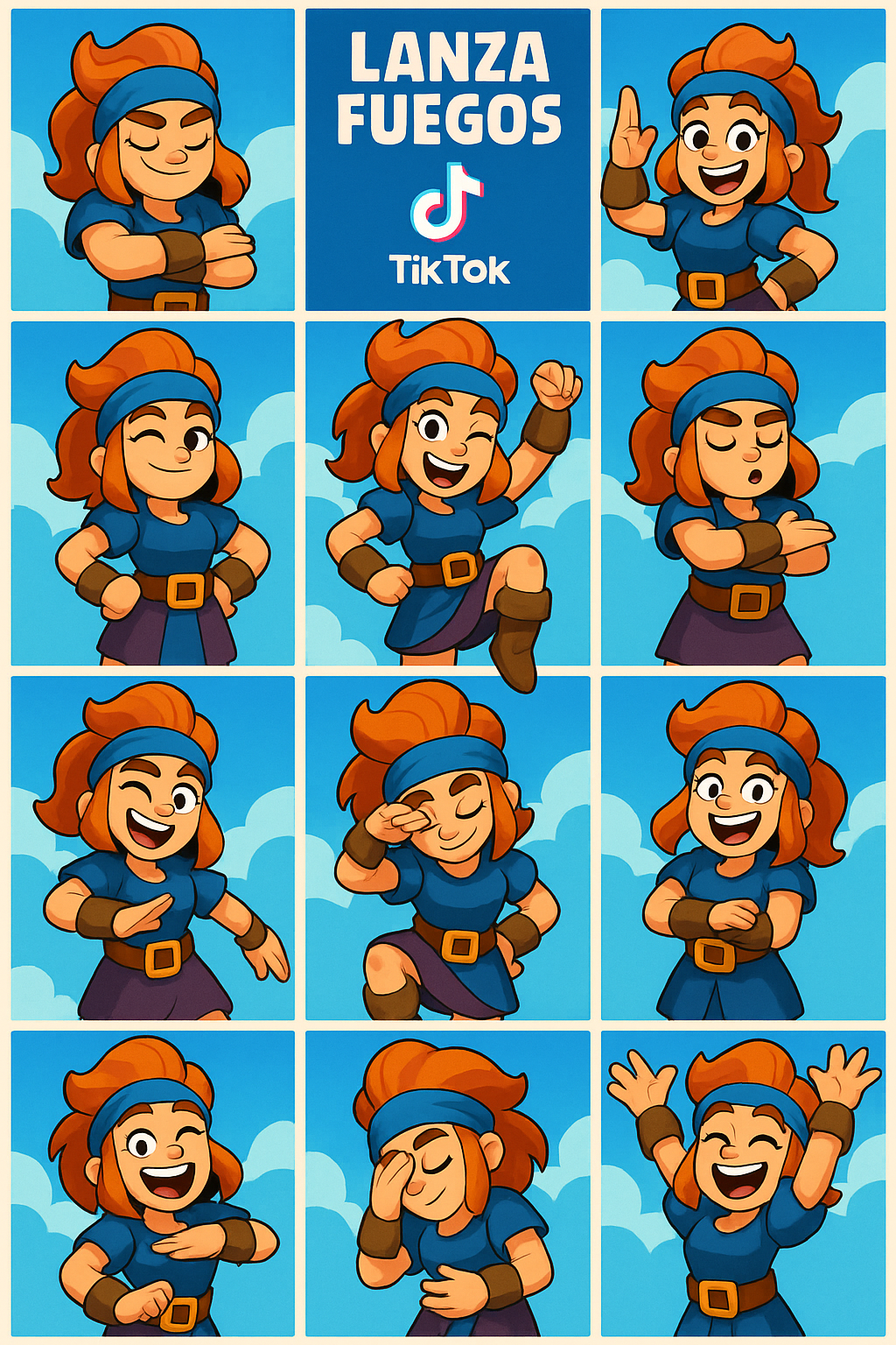 puedes hacer un personaje de Clash royal llamada lanza fuegos haciendo un baile de TikTok dividido en 10 fotos o mas 
