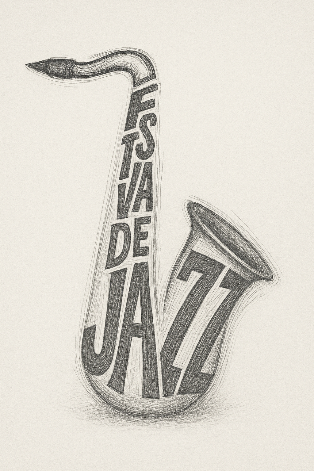 Forma un saxofón utilizando únicamente la frase “FESTIVAL DE JAZZ”, manteniendo exactamente la misma silueta y composición de mi diseño, solo mejorando la distribución y forma de las letras para que el saxofón se vea más claro y definido.
